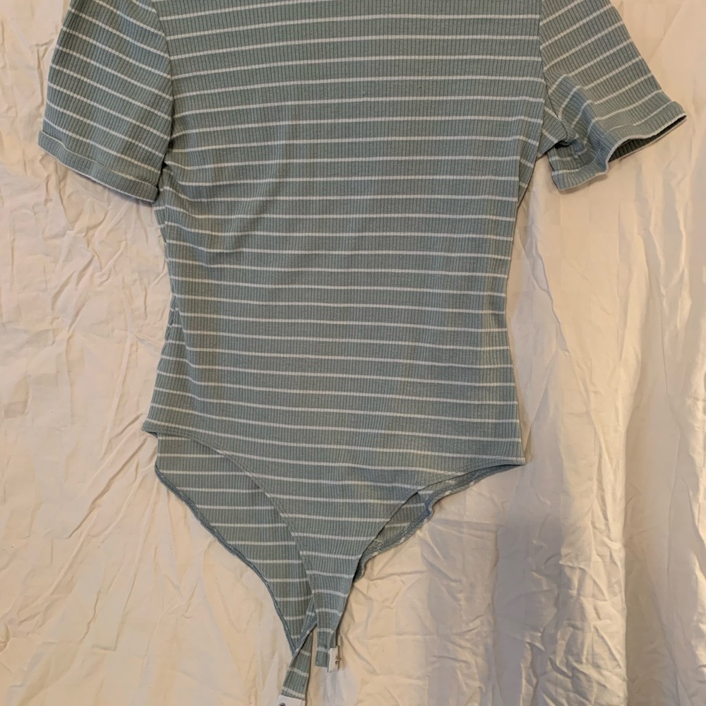 Charlotte Russe short sleeve teal-white stripped body suit large